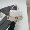 Elegant white quilted small square bag with gold twist lock and a sleek top handle - White