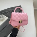 Pink quilted PU leather crossbody bag with golden twist lock and top handle for women - Pink