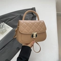 Brown quilted mini square bag in premium PU leather with golden twist lock - Khaki