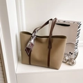 Khaki large capacity leather tote bag with brown straps and floral silk scarf detail - With Pendant / Khaki