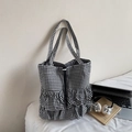 Sac fourre-tout à carreaux noir et blanc avec bordure à volants et cordon de serrage - Noir