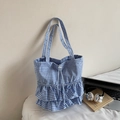 Sac fourre-tout à carreaux bleus et blancs avec volants multicouches et cordon - Bleu