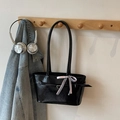 Minimalist black PU leather tote bag with stylish belt buckle and plaid ribbon - Black