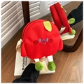 Detail of red apple cartoon crossbody bag with embroidered face and green leaf accent - Red