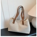 Detail of cream canvas tote bag with brown leather handles on a minimal desk - Beige and Brown (without Charm)