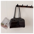 Detail of dark brown faux leather underarm bag with double front flap pockets - Brown