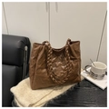 Close-up of embossed bear pattern on dark coffee tote bag with braided handles - Teddy Bear Embossed (6773) / No Pendant / Brown