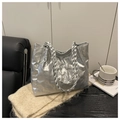 Close-up of silver quilted tote bag featuring bear patterns and woven handle textures - Teddy Bear Embossed (6773) / No Pendant / Silver