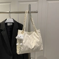 Creamy white tote bag with diagonal texture, woven handles and cute plush charm - Diagonal Pleated (6774) / Cloud Charm / Off White