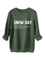 Detail of dark green sweatshirt showing thick grey fleece lining and SNOW DAY print - S / Army Green