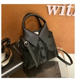 Close-up of black shirt-shaped bucket bag featuring unique pleated PU leather and button detail - Black