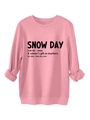 Detailed view of pink crewneck sweatshirt with SNOW DAY creative text print and ribbed cuffs - Peach