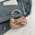 Sweet beige mini handbag featuring a large bow and white faux pearl handle - Khaki