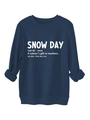 Detail of navy blue fleece sweatshirt featuring a white Snow Day dictionary print - Navy Blue
