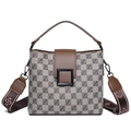 Borsa a secchiello vintage a scacchi con finiture in pelle marrone e tracolla larga - Stile Griglia Cachi