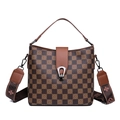 Brown checkered bucket bag with clover prints and a detachable wide patterned strap - Dark Floral Style