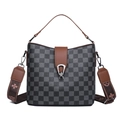 Retro grey checkered bucket bag with brown leather handles and jacquard floral strap - Checkered Blue Style