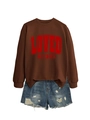 Detail of brown crewneck sweatshirt with red LOVED print and ribbed cuffs for women - Coffee