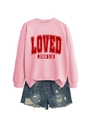 Detail of pink crewneck sweatshirt with red LOVED print and distressed denim shorts - Pink