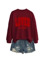 Close-up of crewneck sweatshirt in burgundy with Loved John 3:16 print and denim shorts - Burgundy