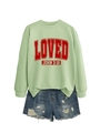 Detail of light green crewneck sweatshirt with red Loved John print and ripped denim shorts - Olive Green