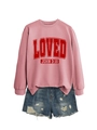 Pink sweatshirt with red Loved John 3:16 print paired with ripped denim shorts set - Rose Gold