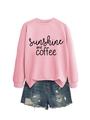 Pink sweatshirt featuring sunshine and coffee print with distressed denim shorts - Pink (Black Text)