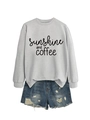 Detail of sunshine and coffee print on grey sweatshirt paired with ripped denim shorts - Grey (Black Font)