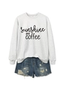 Flat lay of light grey sweatshirt with black sunshine and coffee print and denim shorts - Off-White (Black Font)