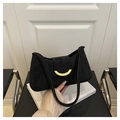 Retro black suede handbag with gold half-moon buckle and slender shoulder strap - Black