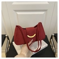 Burgundy faux suede shoulder bag with gold crescent buckle and double thin straps - Red