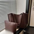 Retro dark brown large tote bag with small pouch set in elegant indoor light - Brown