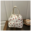 Cute strawberry print corduroy lunch tote bag with creamy white handles and front pocket - Strawberry White