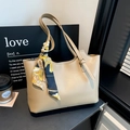 Minimalist beige tote bag with a silk scarf tied on the handle for office and daily use - Khaki