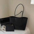 Large black matte leather tote bag with embossed text and matching internal zipper pouch - Shoulder Bag Set / Black