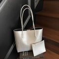Silver metallic tote bag with embossed logo and matching mini pouch for women - Shoulder Bag Set / Silver