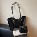 Glossy black patent leather tote bag set with matching pouch and gold hardware accents - Black