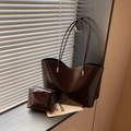 Deep brown glossy leather tote bag set with wave rim and slim shoulder straps - Coffee