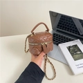 Mini bolso cubo acolchado marrón con correa de cadena y asa superior para mujer - Caqui