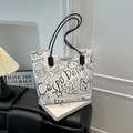 Large graffiti print tote bag with black cartoon patterns on white faux leather - No Pendant / White