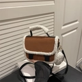 Brown suede and white faux shearling patchwork crossbody bag with mini round pouch accessory - Dark Brown