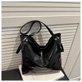 Glossy black patent leather tote bag with large capacity and minimalist design - Black