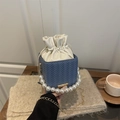 Blue woven bucket bag with pearl handle and gold chain strap for women - Blue