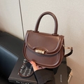 Minimalist dark brown semi-circular saddle bag with gold hardware and top handle - Brown