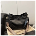 Retro black leather hobo bag with a geometric jacquard wide shoulder strap and gold hardware - Black