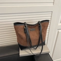 Brown suede and black leather tote bag with quilted diamond pattern and fashion label - Brown
