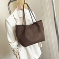 Minimalist large capacity tote bag in dark coffee brown faux suede finish - Coffee without Pendant