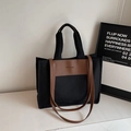 Large black canvas tote bag with brown leather handles and fashion logo print - Black