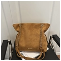 Brown suede bucket tote bag with gold logo, tassel accents and chain shoulder strap - Large / Brown