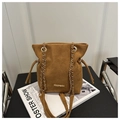 Brown suede bucket bag with metal logo and chain straps on a minimalist background - Small / Brown